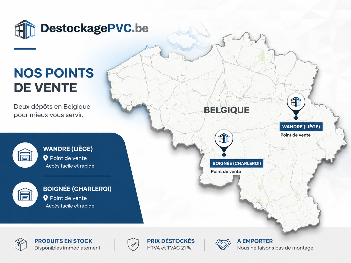 Nos points de vente en Belgique — Wandre (Liège) et Boignée (Charleroi)